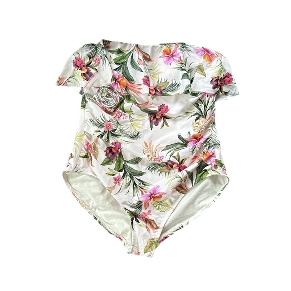 Kona Sol Women's Bandeau Flounce Front Ruched Full Coverage One Piece Swimsuit - Picture 3 of 7